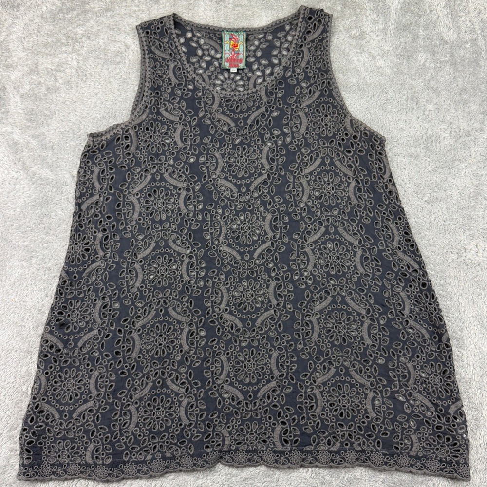 Johnny Was Eyelet Tank XL Gray Sleeveless Boho Embroidered Missing Liner READ